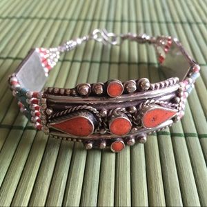 Coral, Turquoise & 925 Silver Tibetan Bracelet -B1
